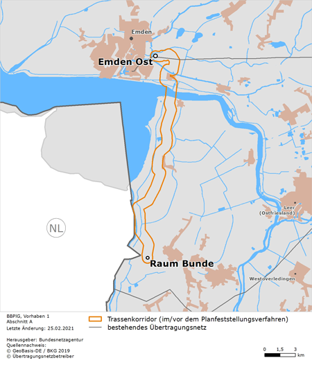 möglicher Trassenverlauf des Abschnitts Emden Ost – Raum Bunde des BBPlG-Vorhabens 1 möglicher Trassenverlauf des Abschnitts Emden Ost – Raum Bunde des BBPlG-Vorhabens 1