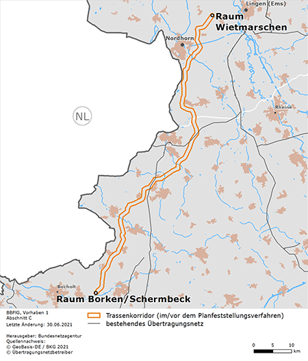 Trassenverlauf des Abschnitts Raum Wietmarschen – Raum Borken/Schermbeck des BBPlG-Vorhabens 1 Trassenverlauf des Abschnitts Raum Wietmarschen – Raum Borken/Schermbeck des BBPlG-Vorhabens 1