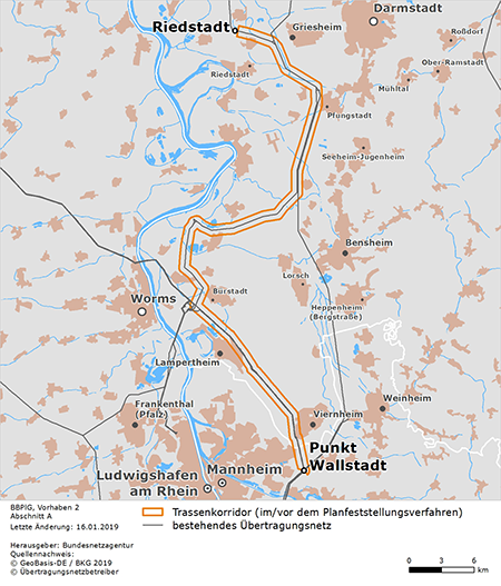 möglicher Trassenverlauf des Abschnitts Riedstadt – Mannheim-Wallstadt des BBPlG-Vorhabens 2