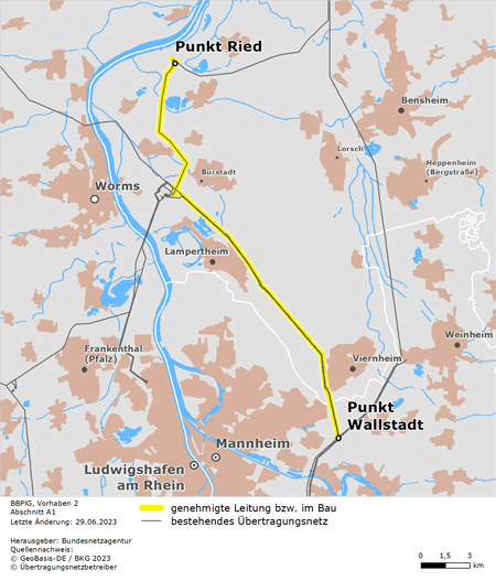 Trassenverlauf des Abschnitts Punkt Ried – Punkt Wallstadt des BBPlG-Vorhabens 2