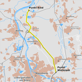 Trassenverlauf des Abschnitts Punkt Ried – Punkt Wallstadt des BBPlG-Vorhabens 2
