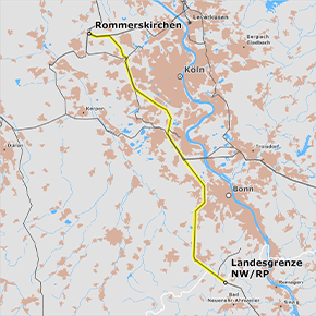 Trassenverlauf des Abschnitts Rommerskirchen – Landesgrenze NRW/RP des BBPlG-Vorhabens 2; eine detaillierte Darstellung finden Sie in den Antragsunterlagen Trassenverlauf des Abschnitts Rommerskirchen – Landesgrenze NRW/RP des BBPlG-Vorhabens 2; eine detaillierte Darstellung finden Sie in den Antragsunterlagen