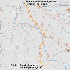 möglicher Trassenverlauf des Abschnitts Südlich Bundeslandgrenze Hessen/Thüringen – Südlich Bundeslandgrenze Thüringen/Bayern des BBPlG-Vorhabens 3; eine detaillierte Darstellung finden Sie in den Antragsunterlagen