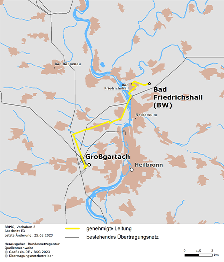 festgelegter Leitungsverlauf des Abschnitts Bad Friedrichshall – Netzverknüpfungspunkt Großgartach des BBPlG-Vorhabens 3 festgelegter Leitungsverlauf des Abschnitts Bad Friedrichshall – Netzverknüpfungspunkt Großgartach des BBPlG-Vorhabens 3