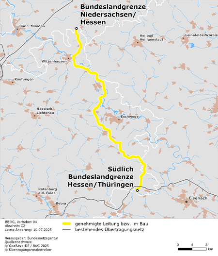 Trassenverlauf des Abschnitts Landesgrenze Niedersachsen/Hessen und südliche Landesgrenze Hessen/Thüringen des BBPlG-Vorhabens 4; eine detaillierte Darstellung finden Sie in den Antragsunterlagen Trassenverlauf des Abschnitts Landesgrenze Niedersachsen/Hessen und südliche Landesgrenze Hessen/Thüringen des BBPlG-Vorhabens 4; eine detaillierte Darstellung finden Sie in den Antragsunterlagen