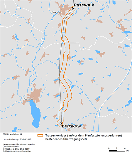 möglicher Trassenverlauf der Leitung Bertikow – Pasewalk (BBPlG-Vorhaben 11); eine detaillierte Darstellung finden Sie in den Antragsunterlagen möglicher Trassenverlauf der Leitung Bertikow – Pasewalk (BBPlG-Vorhaben 11); eine detaillierte Darstellung finden Sie in den Antragsunterlagen