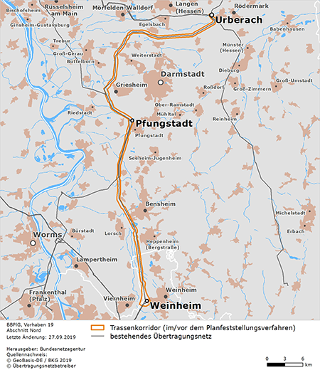 möglicher Trassenverlauf des Abschnitts Urberach – Pfungstadt – Weinheim des BBPlG-Vorhabens 19 möglicher Trassenverlauf des Abschnitts Urberach – Pfungstadt – Weinheim des BBPlG-Vorhabens 19