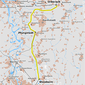 Trassenverlauf des Abschnitts Urberach – Pfungstadt – Weinheim des BBPlG-Vorhabens 19