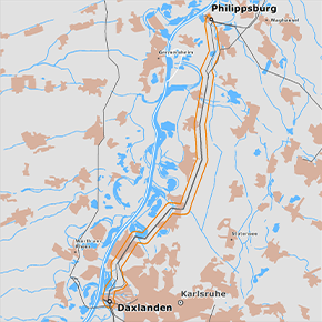 möglicher Trassenverlauf des Abschnitts Philippsburg – Daxlanden des BBPlG-Vorhabens 19