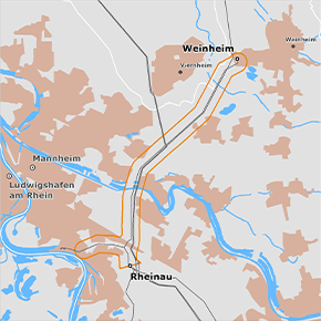 möglicher Trassenverlauf des Abschnitts Weinheim - Rheinau des BBPlG-Vorhabens 19