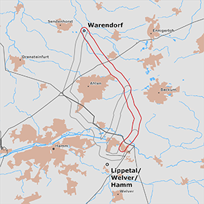 möglicher Trassenverlauf des Abschnitts Warendorf - Lippetal/Welver/Hamm des BBPlG-Vorhabens 49