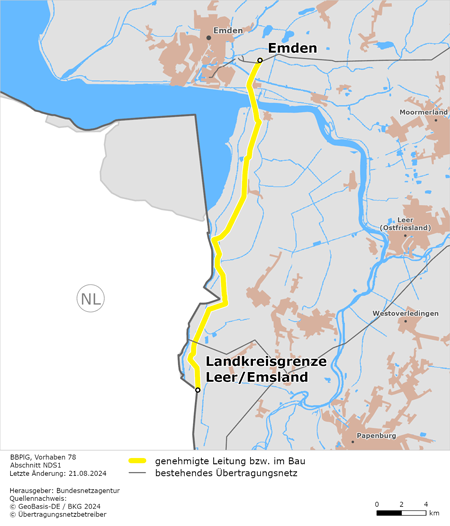 Trassenverlauf des Abschnitts NDS1 Emden Ost - Landkreisgrenze Leer/ Emsland des BBPlG-Vorhabens 78 Trassenverlauf des Abschnitts NDS1 Emden Ost - Landkreisgrenze Leer/ Emsland des BBPlG-Vorhabens 78