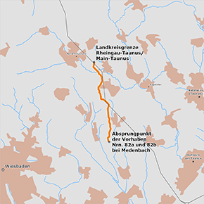 möglicher Trassenverlauf des Abschnitts Landkreisgrenze Rheingau-Taunus / Main-Taunus bis zum Abzweig von Vorhaben Nr. 82c bei Biebesheim am Rhein möglicher Trassenverlauf des Abschnitts Landkreisgrenze Rheingau-Taunus / Main-Taunus bis zum Abzweig von Vorhaben Nr. 82c bei Biebesheim am Rhein