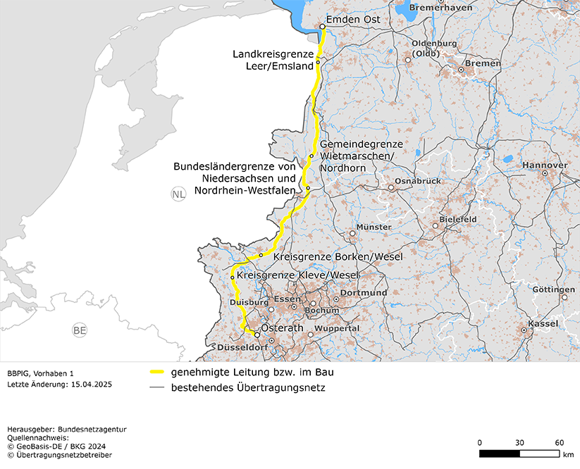 Trassenverlauf der Leitung Emden Ost – Osterath (BBPlG-Vorhaben 1) Trassenverlauf der Leitung Emden Ost – Osterath (BBPlG-Vorhaben 1)