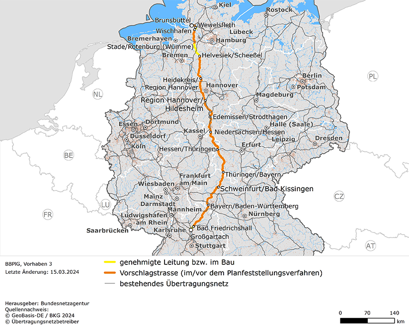 (möglicher) Trassenverlauf der Leitung Brunsbüttel – Großgartach (BBPlG-Vorhaben 3)