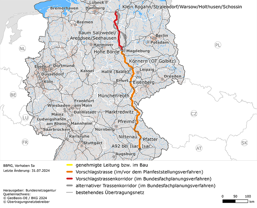 möglicher Trassenverlauf zwischen Klein Rogahn/Stralendorf/Warsow/Holthusen/Schossin und Isar (BBPlG-Vorhaben 5a)