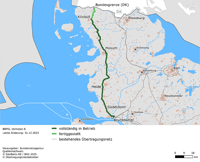 Trassenverlauf der Leitung Brunsbüttel – Bundesgrenze Dänemark (BBPlG-Vorhaben 8) Trassenverlauf der Leitung Brunsbüttel – Bundesgrenze Dänemark (BBPlG-Vorhaben 8)