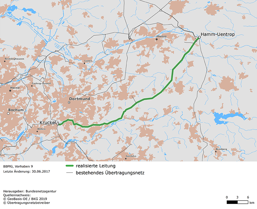 Trassenverlauf der Leitung Hamm-Uentrop – Kruckel (BBPlG-Vorhaben 9)