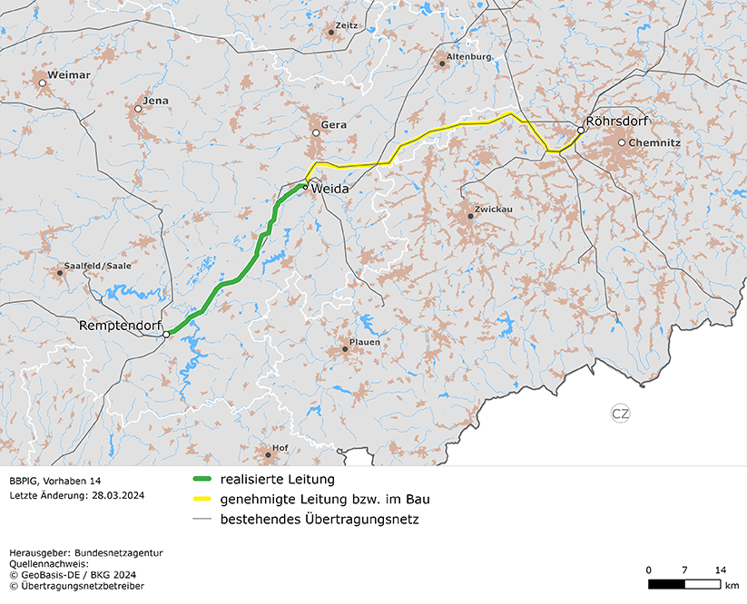 Trassenverlauf der Leitung Röhrsdorf – Weida – Remptendorf (BBPlG-Vorhaben 14); eine detaillierte Darstellung finden Sie in den Antragsunterlagen