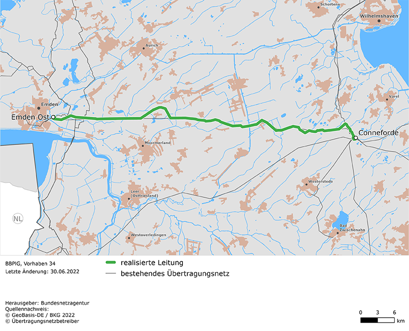Trassenverlauf der Leitung Emden Ost – Conneforde (BBPlG-Vorhaben 34)