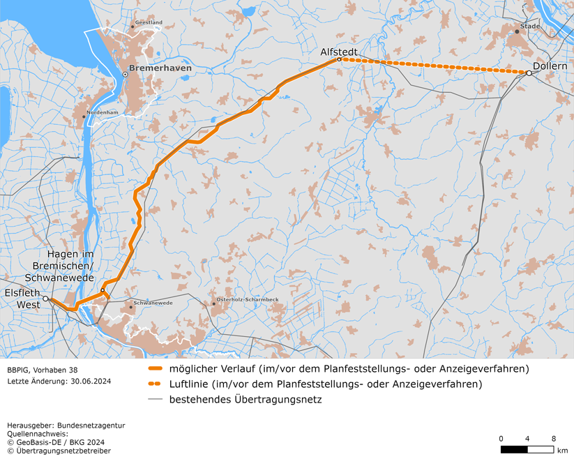 Luftlinie und möglicher Trassenverlauf zwischen den Netzverknüpfungspunkten Dollern, Alfstedt, Hagen im Bremischen/Schwanewede und Elsfleth West (BBPlG-Vorhaben 38) Luftlinie und möglicher Trassenverlauf zwischen den Netzverknüpfungspunkten Dollern, Alfstedt, Hagen im Bremischen/Schwanewede und Elsfleth West (BBPlG-Vorhaben 38)