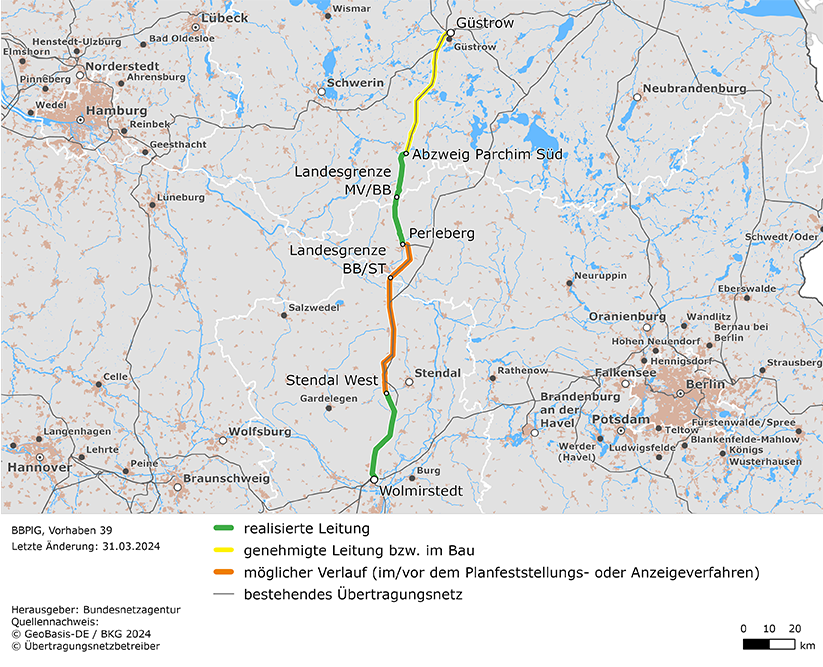 (möglicher) Trassenverlauf der Leitung Güstrow – Parchim Süd – Perleberg – Stendal West – Wolmirstedt (BBPlG-Vorhaben 39)