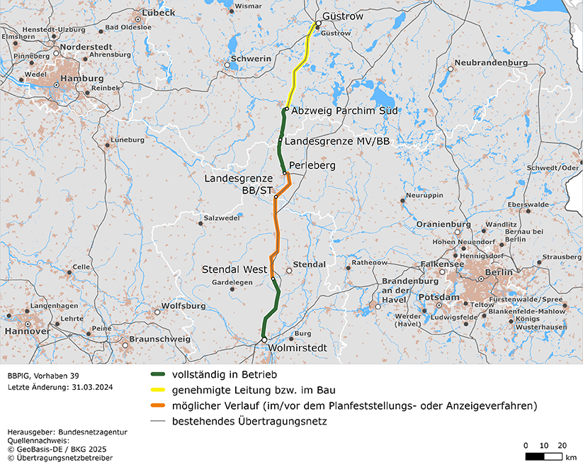 (möglicher) Trassenverlauf der Leitung Güstrow – Parchim Süd – Perleberg – Stendal West – Wolmirstedt (BBPlG-Vorhaben 39) (möglicher) Trassenverlauf der Leitung Güstrow – Parchim Süd – Perleberg – Stendal West – Wolmirstedt (BBPlG-Vorhaben 39)