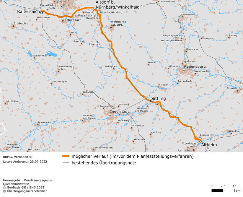 möglicher Trassenverlauf der Leitung Raitersaich – Ludersheim – Sittling – Altheim (BBPlG-Vorhaben 41)