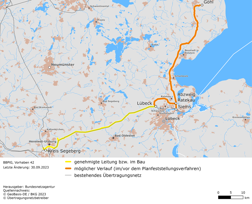 (möglicher) Trassenverlauf der Leitung Kreis Segeberg – Lübeck – Siems mit Abzweig Ratekau – Göhl (BBPlG-Vorhaben 42)