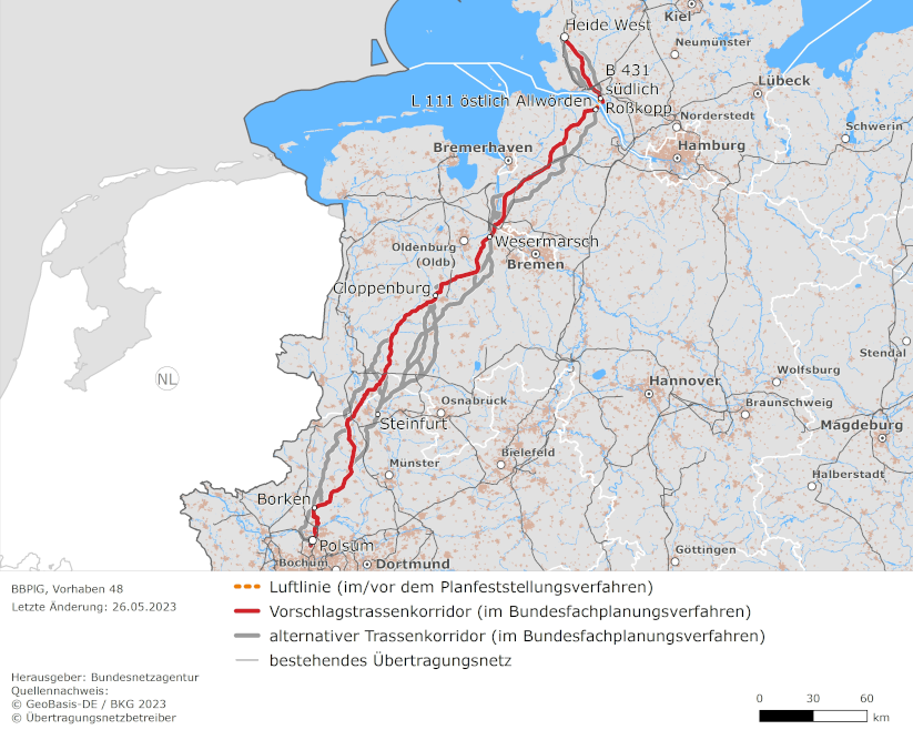 möglicher Trassenverlauf der Leitung Heide West – Polsum (BBPlG-Vorhaben 48)