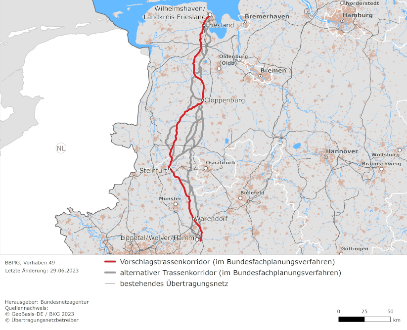 möglicher Trassenverlauf der Leitung Wilhelmshaven / Landkreis Friesland – Lippetal / Welver / Hamm (BBPlG-Vorhaben 49)