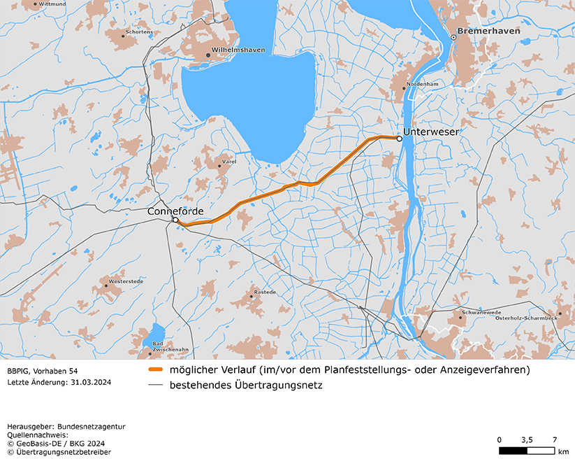 möglicher Trassenverlauf zwischen den Netzverknüpfungspunkten Conneforde und Unterweser (BBPlG-Vorhaben 54) möglicher Trassenverlauf zwischen den Netzverknüpfungspunkten Conneforde und Unterweser (BBPlG-Vorhaben 54)
