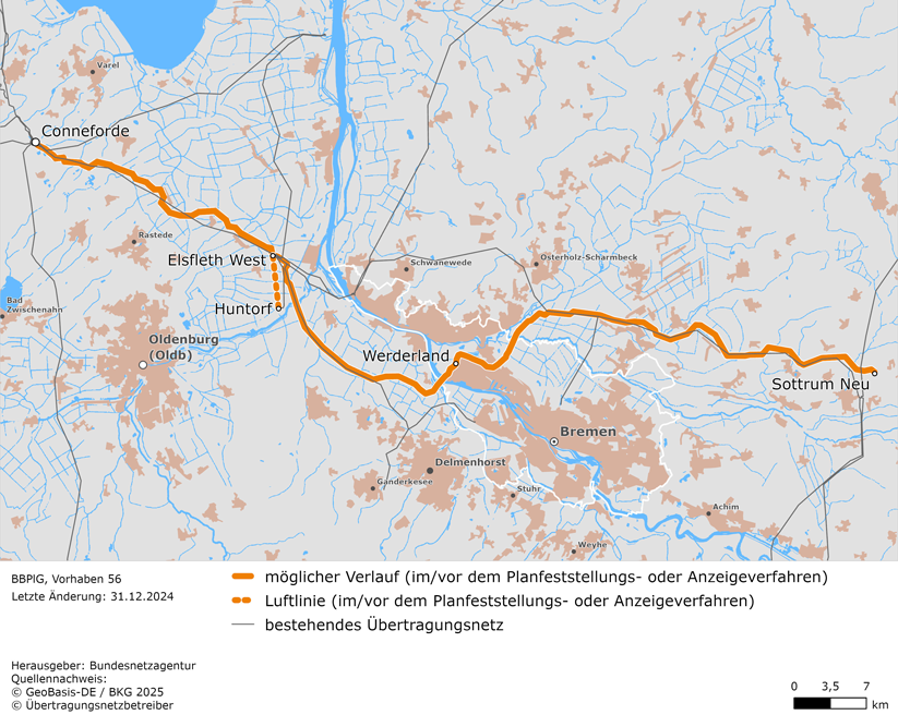 möglicher Trassenverlauf zwischen Conneforde, Elsfleth West, Werderland und Sottrum Neu sowie Luftlinie zwischen den Punkten Elsfleth West und Huntorf (BBPlG-Vorhaben 56) möglicher Trassenverlauf zwischen Conneforde, Elsfleth West, Werderland und Sottrum Neu sowie Luftlinie zwischen den Punkten Elsfleth West und Huntorf (BBPlG-Vorhaben 56)