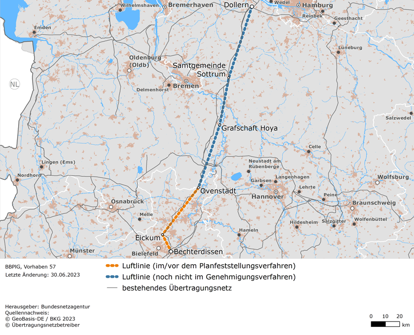Luftlinie zwischen den Netzverknüpfungspunkten Dollern, Samtgemeinde Sottrum, Grafschaft Hoya, Ovenstädt, Eickum und Bechterdissen (BBPlG-Vorhaben 57)