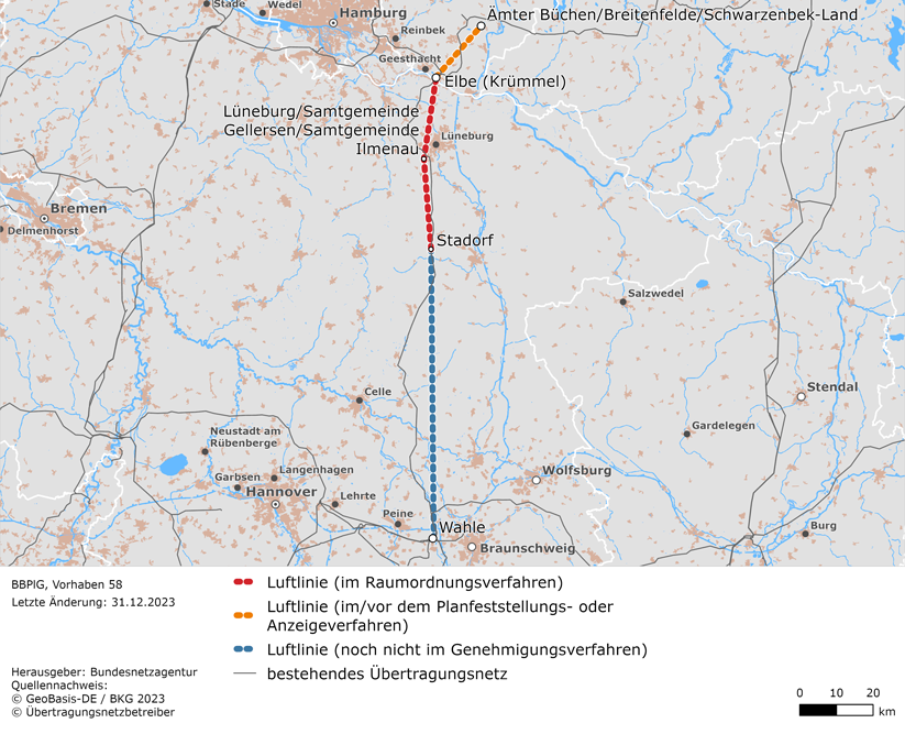 Luftlinien zwischen den Punkten Ämter Büchen/Breitenfelde/Schwarzenbek-Land, Lüneburg/Samtgemeinde Gellersen/Samtgemeinde Ilmenau, Stadorf und Wahle (BBPlG-Vorhaben 58)