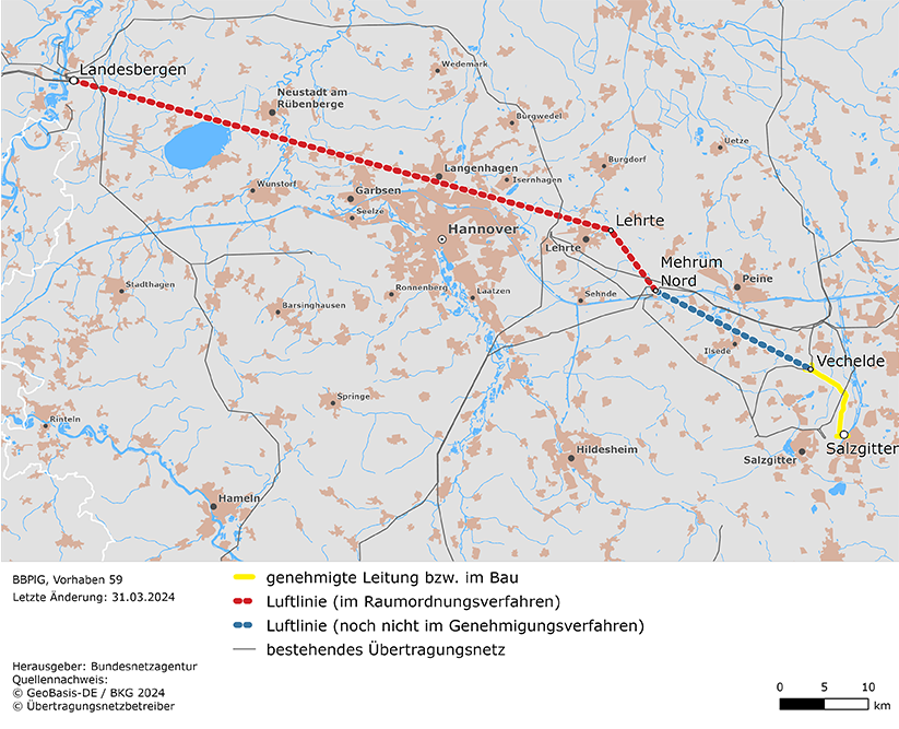 Luftlinien und möglicher Trassenverlauf zwischen den Netzverknüpfungspunkten Landesbergen, Lehrte, Mehrum Nord, Vechelde und Salzgitter (BBPlG-Vorhaben 59). 