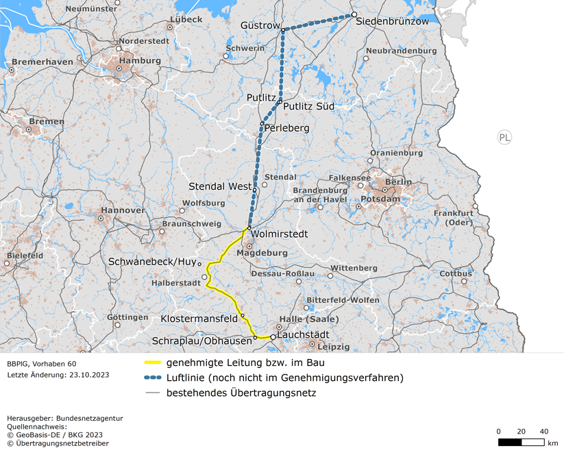 Luftlinien zwischen Siedenbrünzow, Güstrow, Putlitz Süd, Putlitz, Perleberg, Stendal West und Wolmirstedt sowie Trassenverlauf zwischen Wolmirstedt und Lauchstädt (BBPlG-Vorhaben 60)