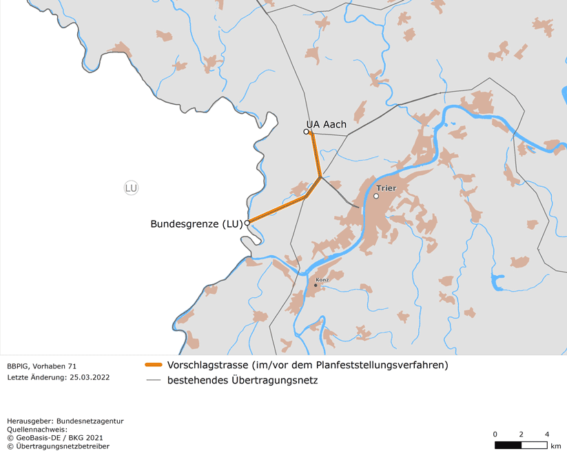 möglicher Trassenverlauf zwischen dem Landkreis Trier-Saarburg und der Grenze zu Luxemburg (BBPlG-Vorhaben 71)