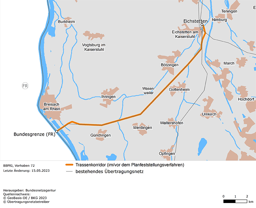 möglicher Trassenverlauf der Leitung Eichstetten – Bundesgrenze Frankreich (BBPlG-Vorhaben 72)