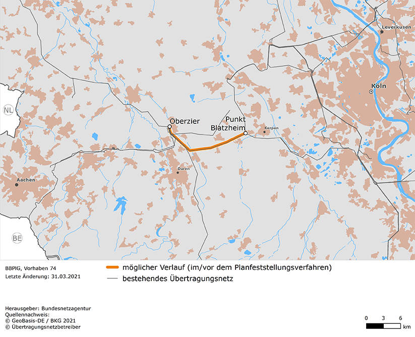möglicher Trassenverlauf der Leitung Punkt Blatzheim - Oberzier (BBPlG-Vorhaben 74)
