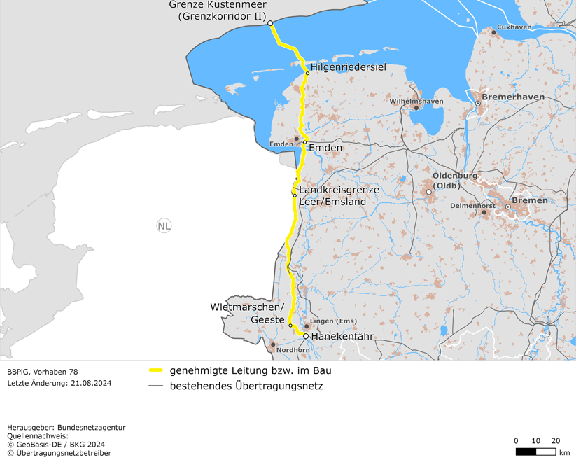 (möglicher) Trassenverlauf der Leitung zwischen Hanekenfähr, Emden und der Grenze des deutschen Küstenmeeres (BBPlG-Vorhaben 78) (möglicher) Trassenverlauf der Leitung zwischen Hanekenfähr, Emden und der Grenze des deutschen Küstenmeeres (BBPlG-Vorhaben 78)