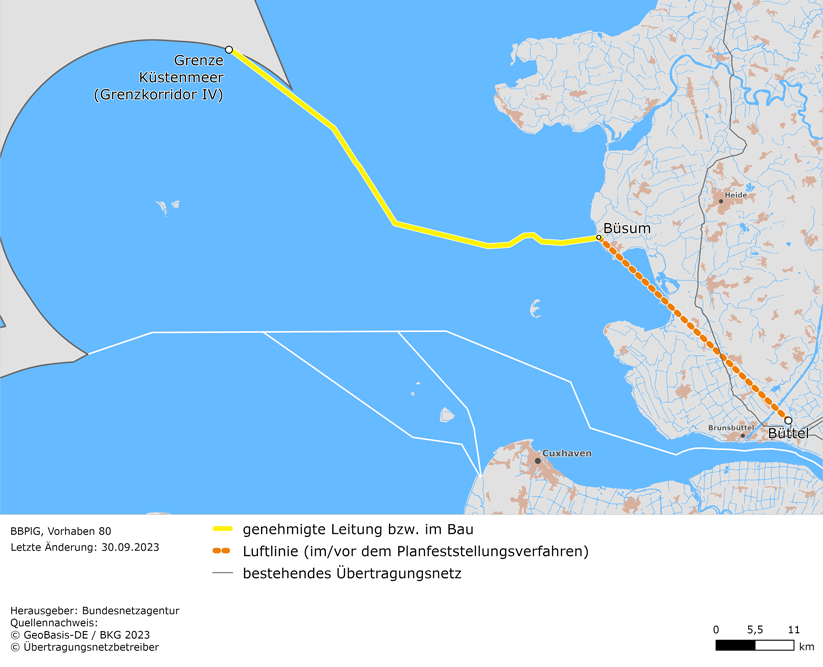 Luftlinie und Trassenverlauf zwischen Büttel und der Grenze des deutschen Küstenmeeres (BBPlG-Vorhaben 80)