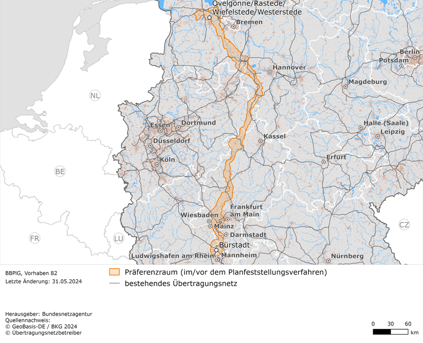 Luftlinie zwischen den Netzverknüpfungspunkten Ovelgönne/Rastede/Wiefelstede/Westerstede und Bürstadt (BBPlG-Vorhaben 82)