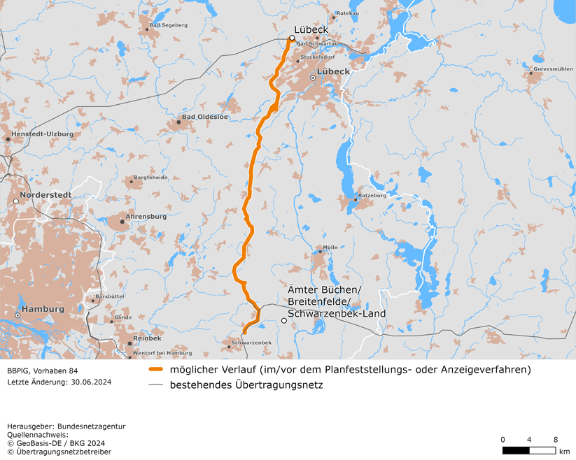 möglicher Trassenverlauf der Leitung Lübeck und Ämter Büchen / Breitenfelde / Schwarzenbek-Land (BBPlG-Vorhaben 84) möglicher Trassenverlauf der Leitung Lübeck und Ämter Büchen / Breitenfelde / Schwarzenbek-Land (BBPlG-Vorhaben 84)