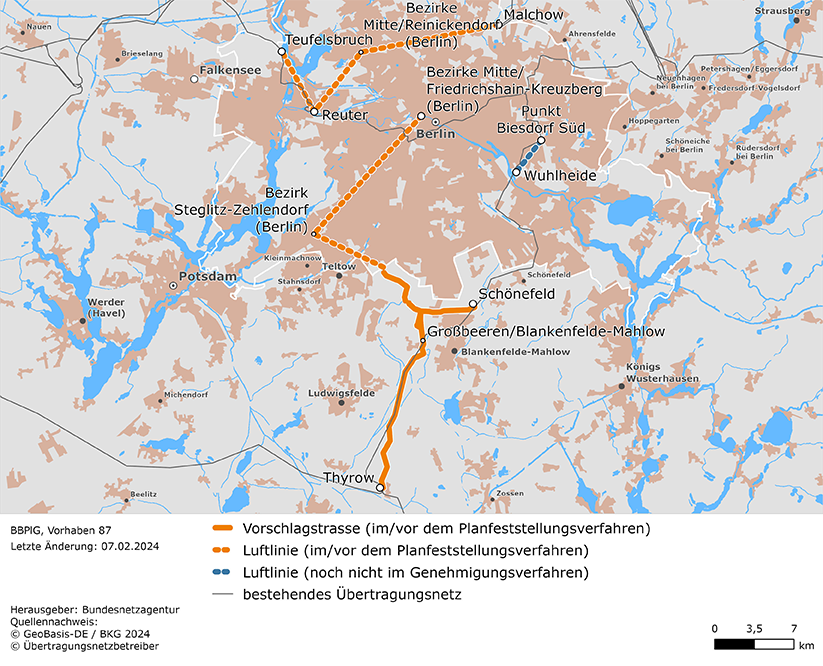 Luftlinien und mögliche Trassenverläufe des Vorhabens Netzausbau und Verstärkung Berlin