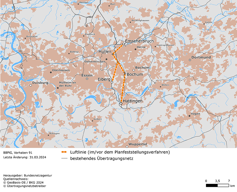 Luftlinien zwischen den Netzverknüpfungspunkten Emscherbruch, Hüllen, Eiberg, Bochum und Hattingen (BBPlG-Vorhaben 91)