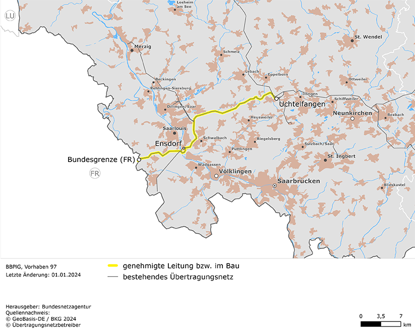 Trassenverlauf der Leitung Uchtelfangen – Ensdorf – Bundesgrenze Frankreich (BBPlG-Vorhaben 97) Trassenverlauf der Leitung Uchtelfangen – Ensdorf – Bundesgrenze Frankreich (BBPlG-Vorhaben 97)