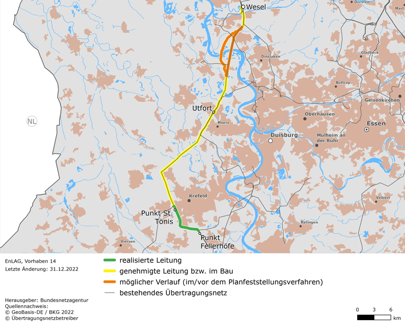 (möglicher) Trassenverlauf der Leitung Niederrhein – Utfort – Osterath (EnLAG-Vorhaben 14)